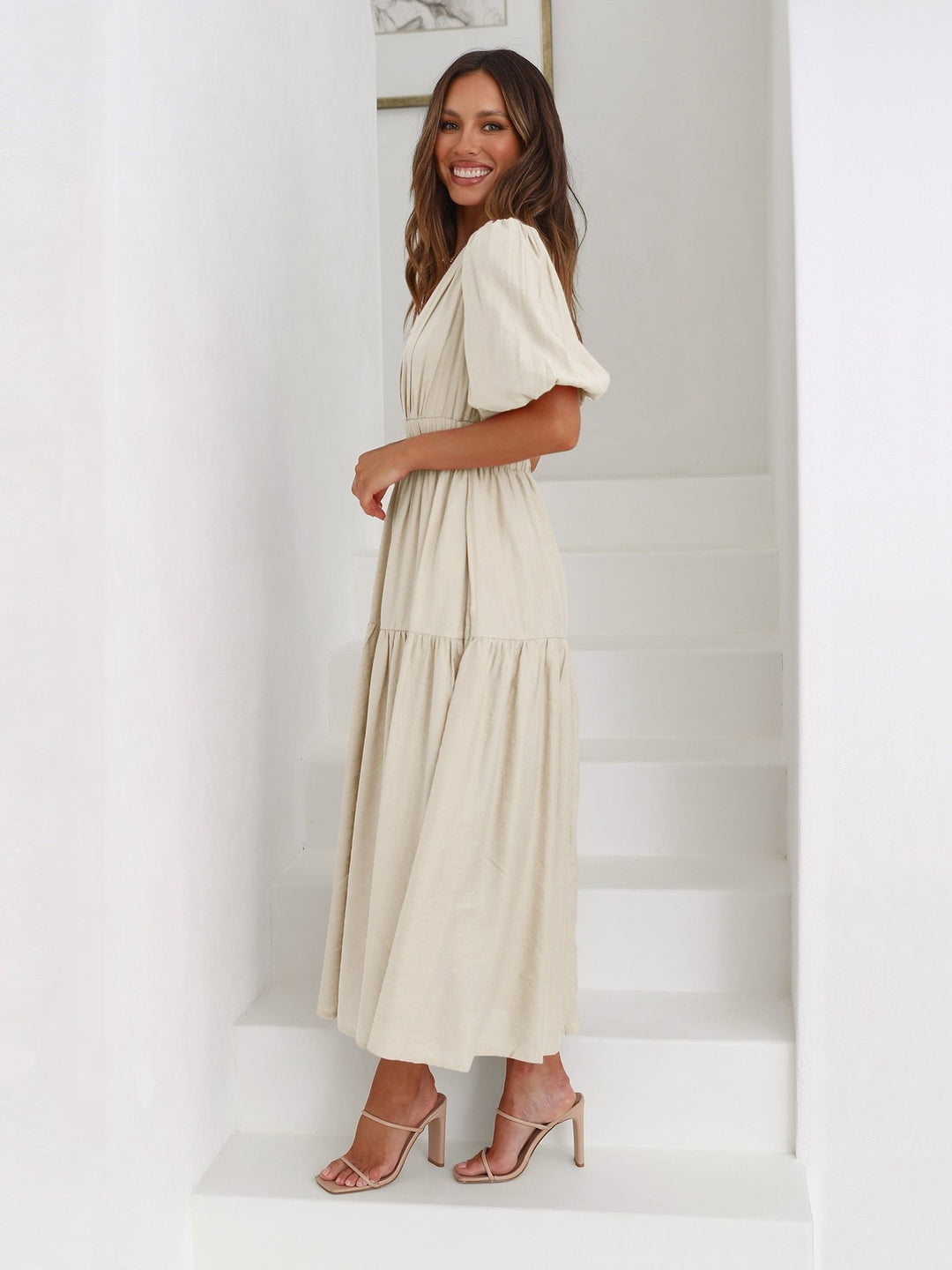 Emily | Midi Dress V-Neck Puff Sleeve Smocked Waist