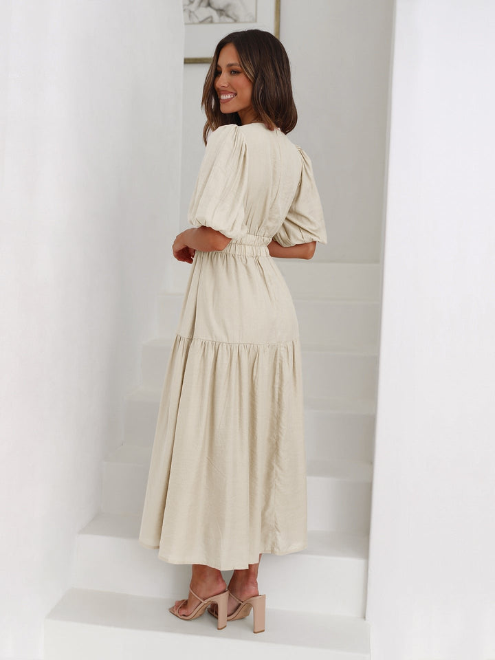 Emily | Midi Dress V-Neck Puff Sleeve Smocked Waist