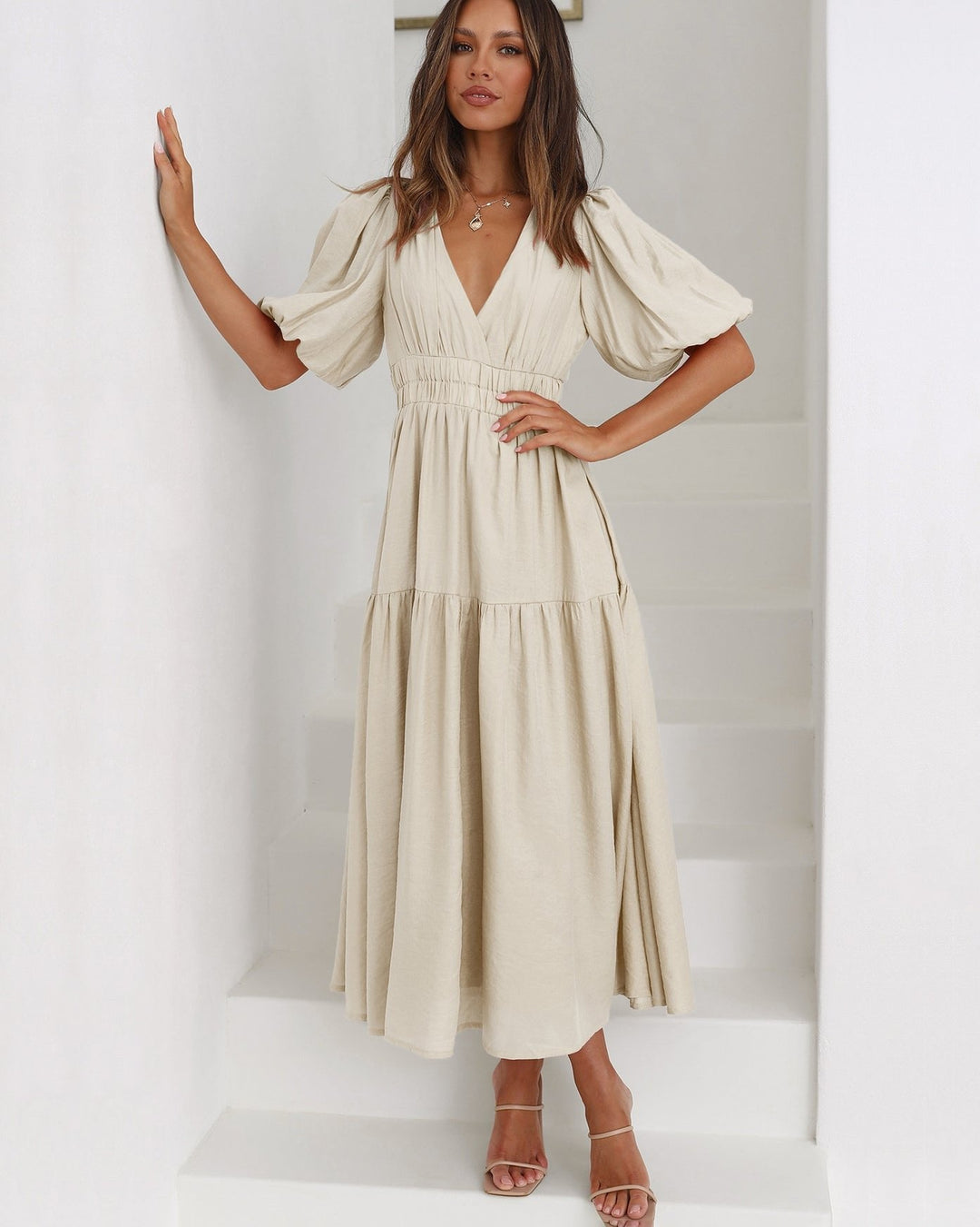 Emily | Midi Dress V-Neck Puff Sleeve Smocked Waist