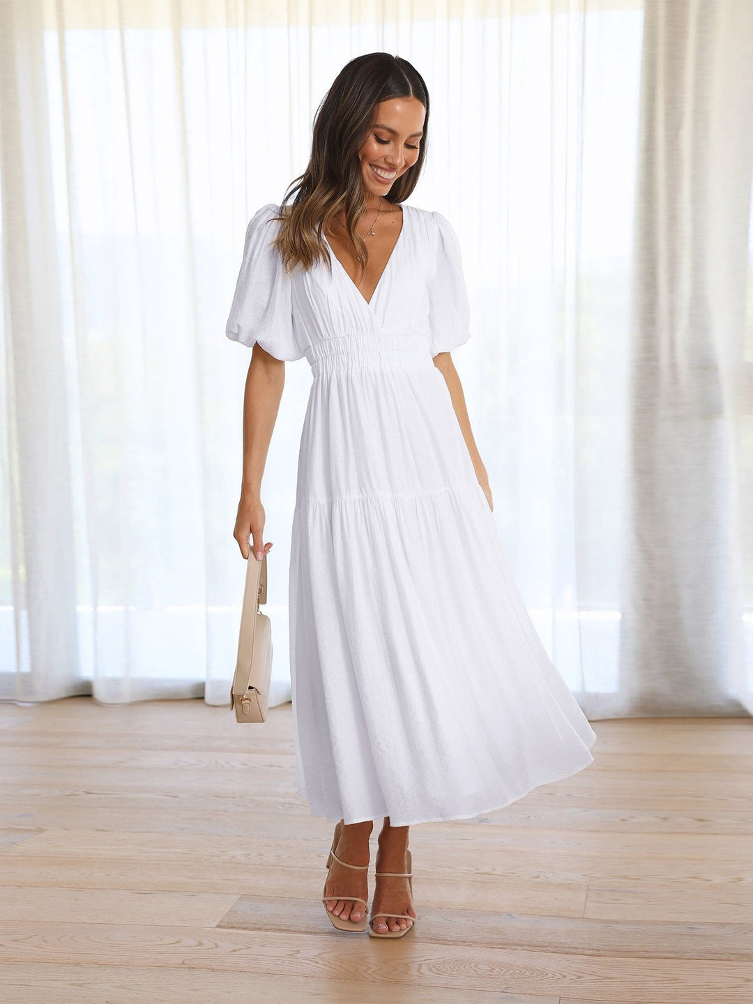 Emily | Midi Dress V-Neck Puff Sleeve Smocked Waist