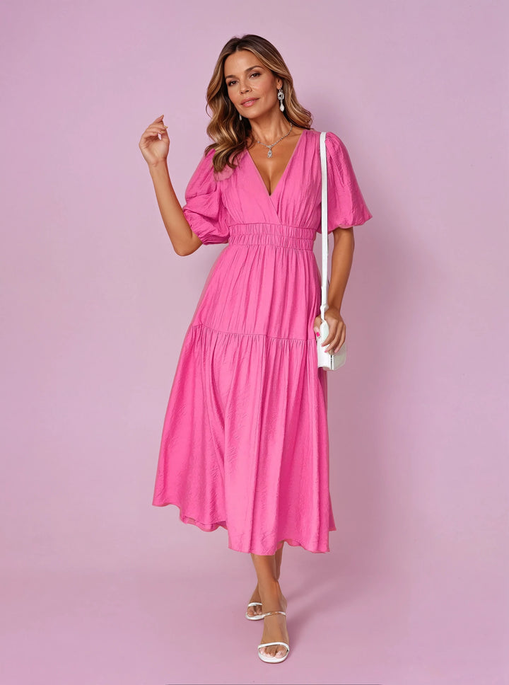 Emily | Midi Dress V-Neck Puff Sleeve Smocked Waist