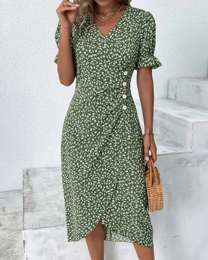 Mia | Midi Wrap Dress V-Neck Floral Short Sleeve Button Detail