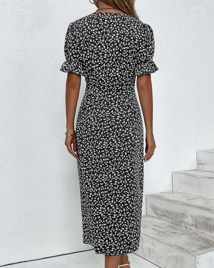 Mia | Midi Wrap Dress V-Neck Floral Short Sleeve Button Detail