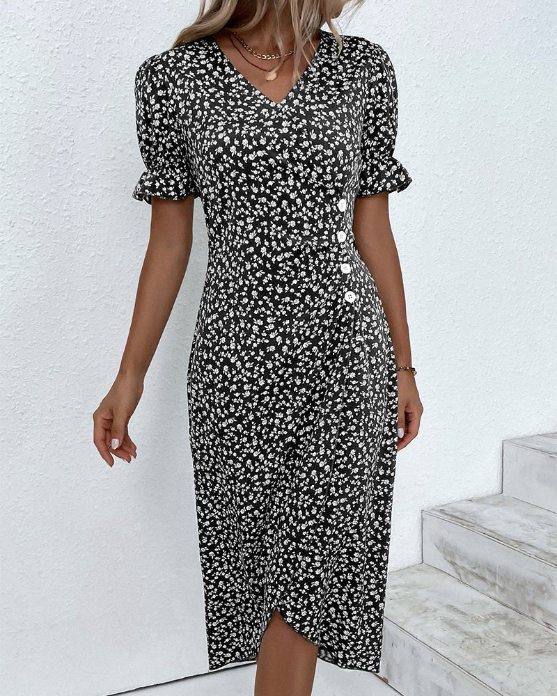 Mia | Midi Wrap Dress V-Neck Floral Short Sleeve Button Detail