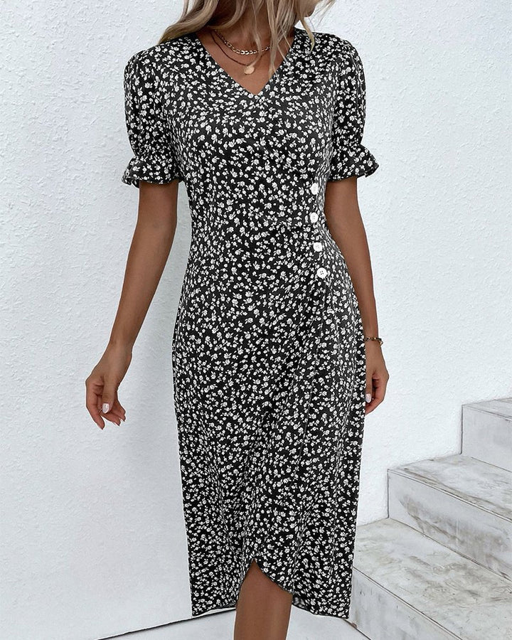 Mia | Midi Wrap Dress V-Neck Floral Short Sleeve Button Detail