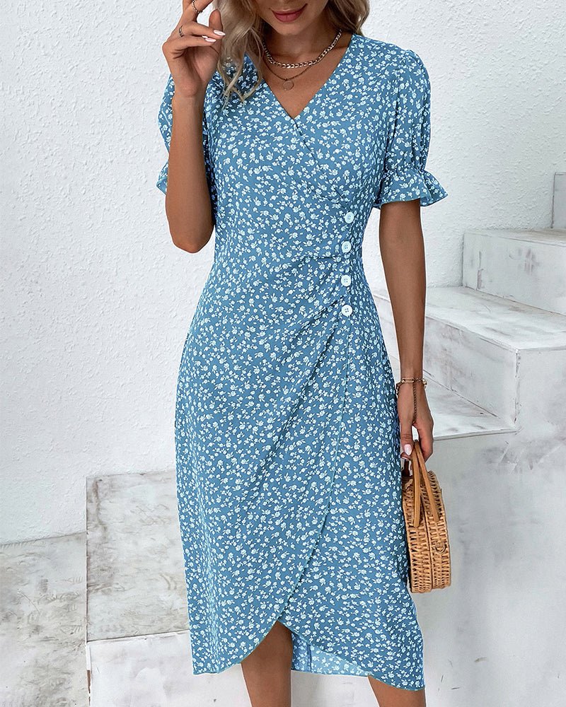 Mia | Midi Wrap Dress V-Neck Floral Short Sleeve Button Detail