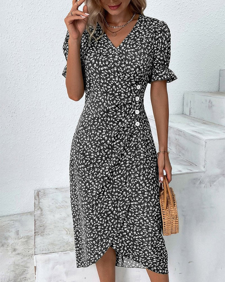 Mia | Midi Wrap Dress V-Neck Floral Short Sleeve Button Detail