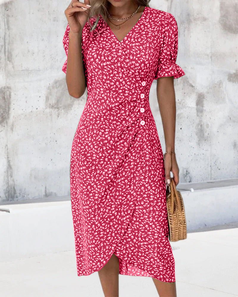 Mia | Midi Wrap Dress V-Neck Floral Short Sleeve Button Detail