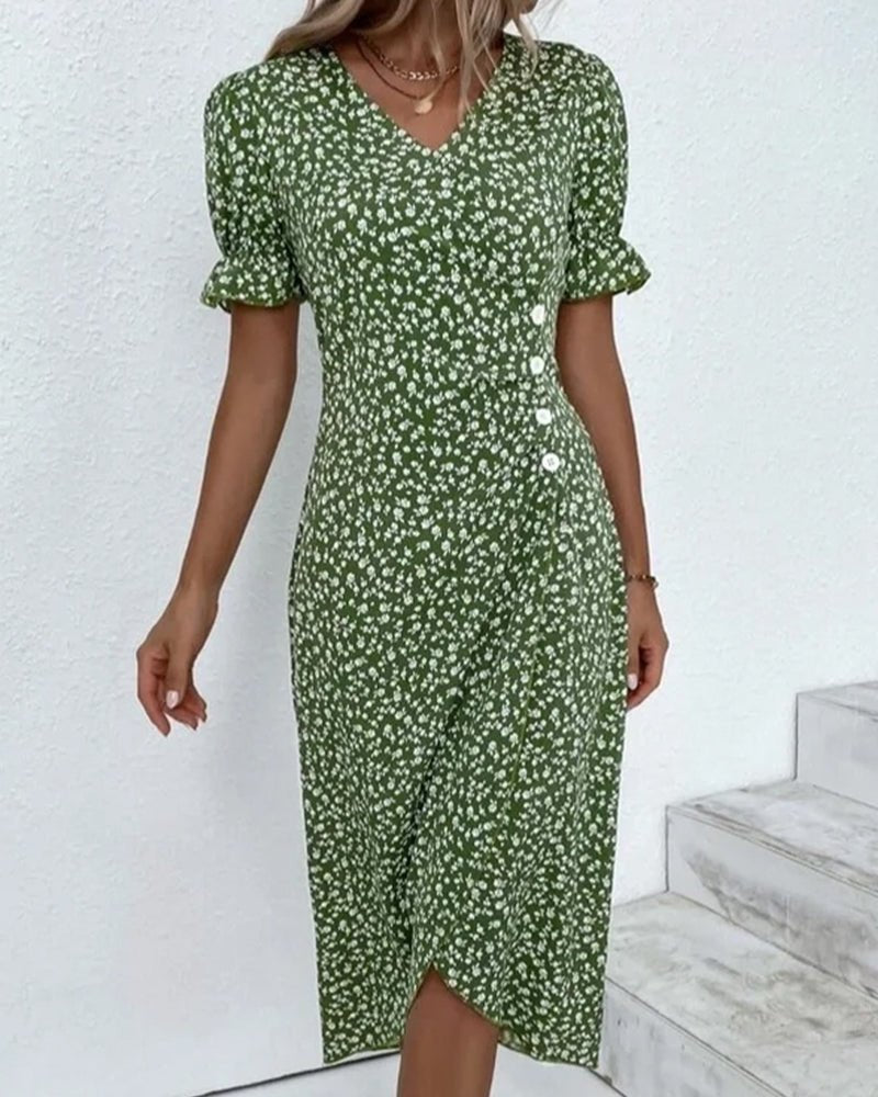 Mia | Midi Wrap Dress V-Neck Floral Short Sleeve Button Detail