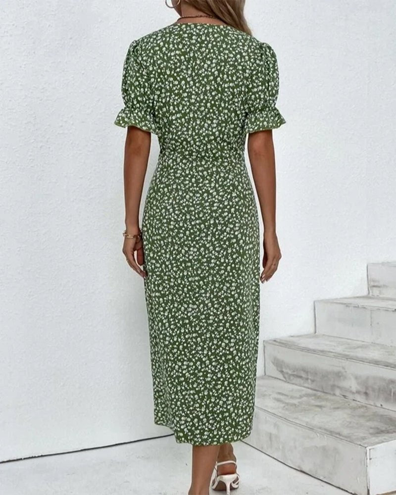 Mia | Midi Wrap Dress V-Neck Floral Short Sleeve Button Detail