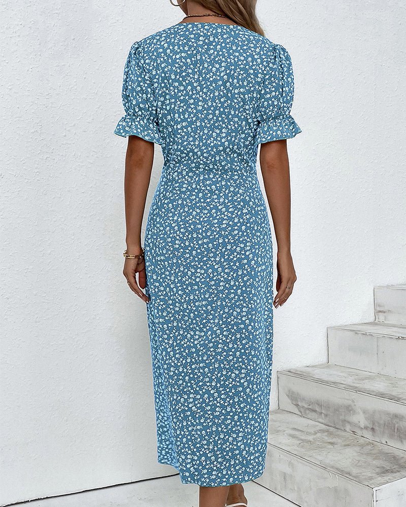 Mia | Midi Wrap Dress V-Neck Floral Short Sleeve Button Detail