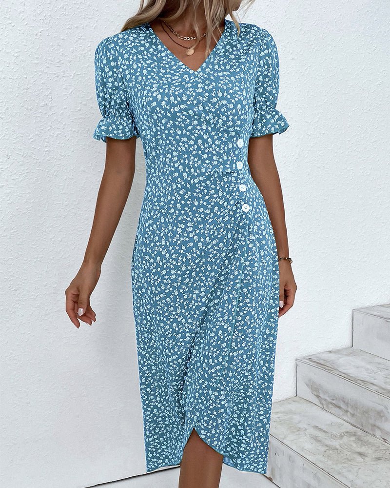 Mia | Midi Wrap Dress V-Neck Floral Short Sleeve Button Detail
