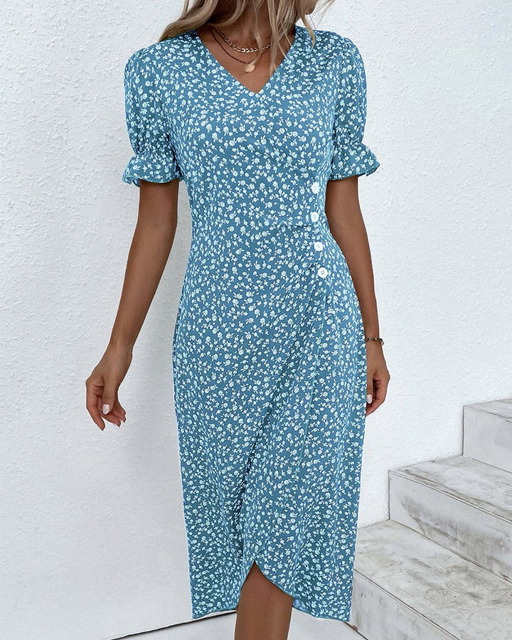 Mia | Midi Wrap Dress V-Neck Floral Short Sleeve Button Detail
