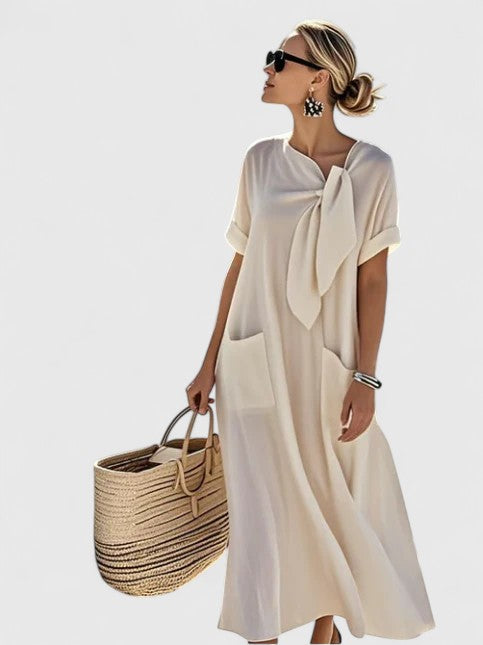 Elizabeth | Womens Loose Pocket Tie Neck Midi Dress