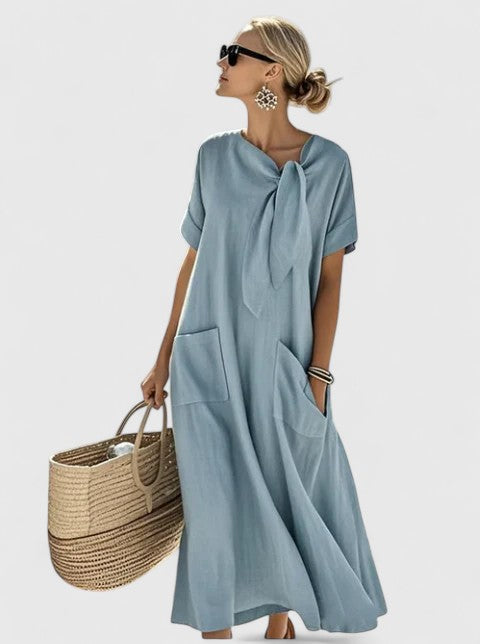 Elizabeth | Womens Loose Pocket Tie Neck Midi Dress
