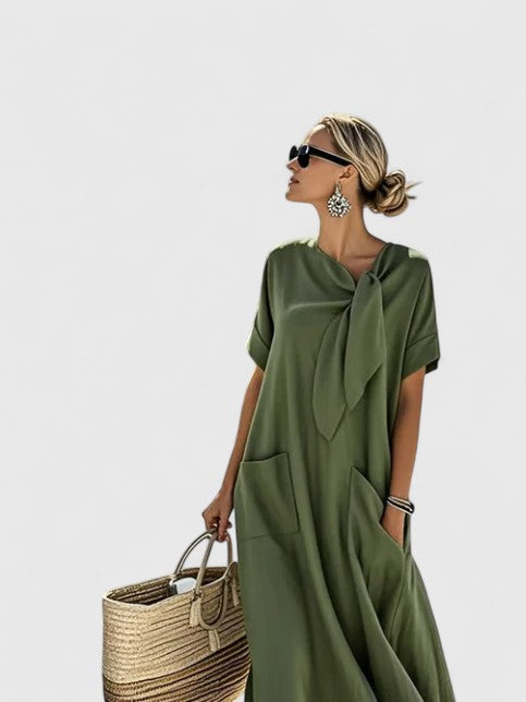 Elizabeth | Womens Loose Pocket Tie Neck Midi Dress