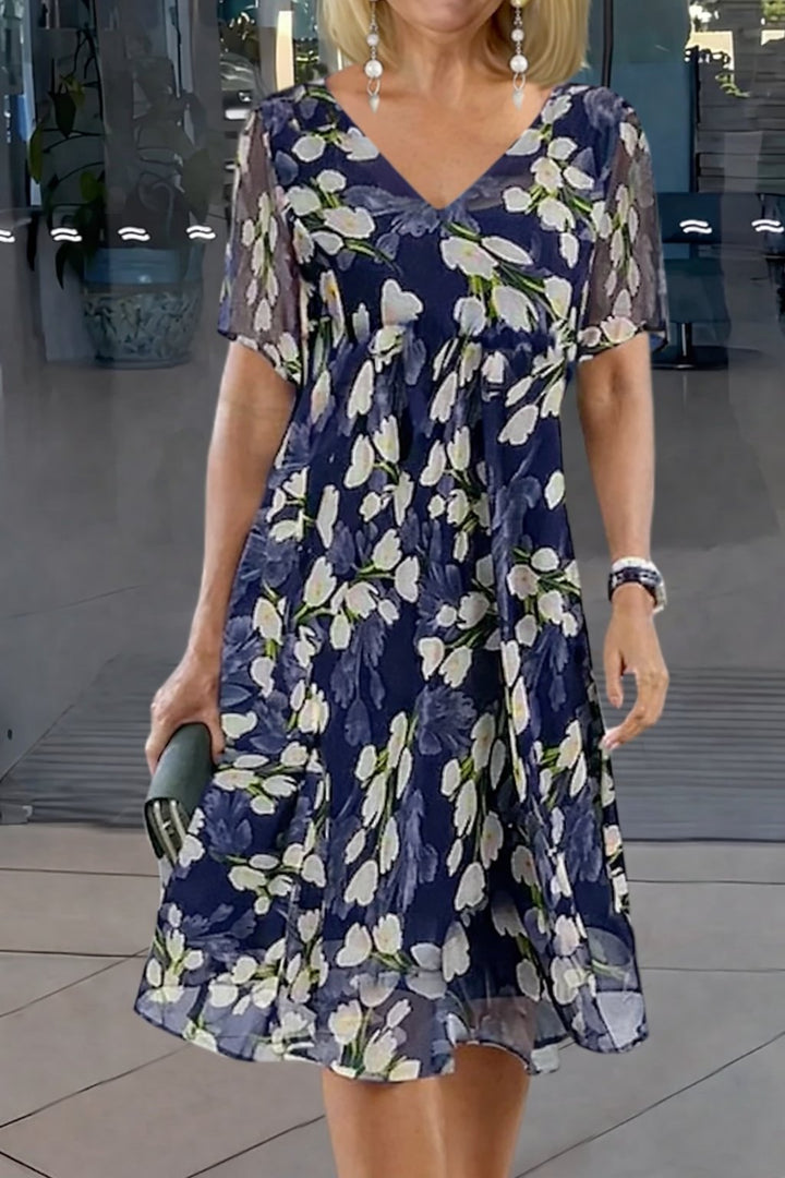 Olivia | Plus Size Floral Dress V-Neck Short Sleeve A-Line Midi