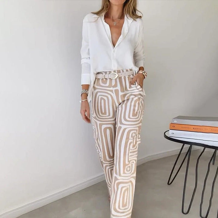 Ava | Plus Size Two Piece Set Button-Up Shirt Patterned Trousers