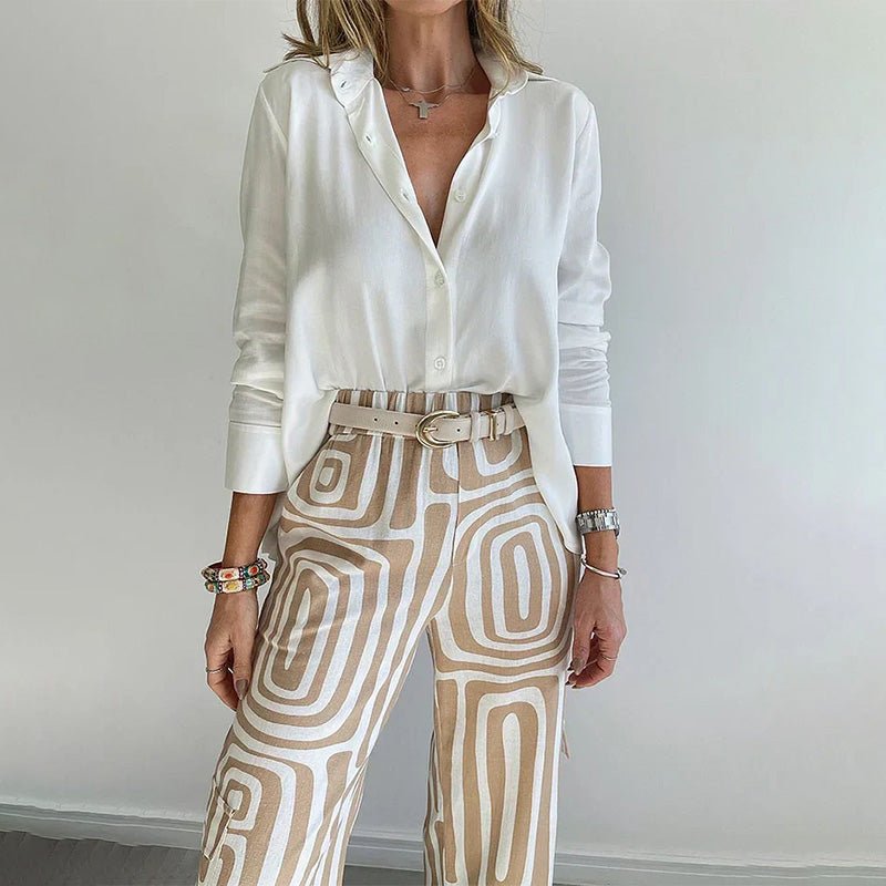 Ava | Plus Size Two Piece Set Button-Up Shirt Patterned Trousers