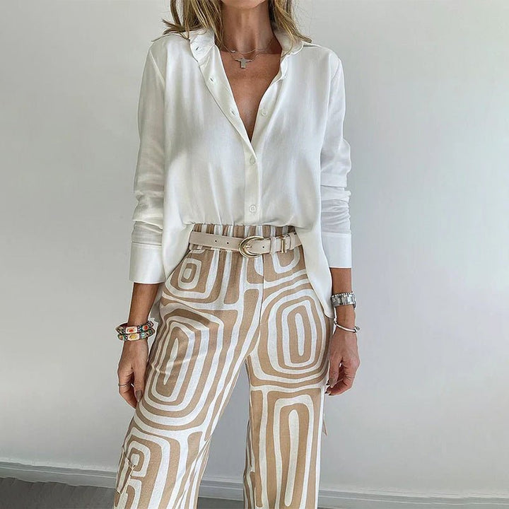 Ava | Plus Size Two Piece Set Button-Up Shirt Patterned Trousers