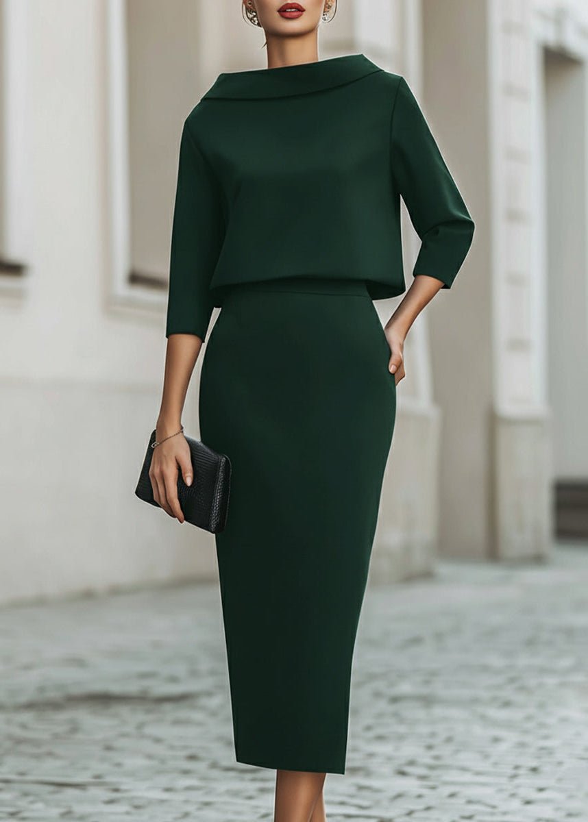 Florence | Two Piece Midi Skirt Set Boat Neck 3/4 Sleeves Crepe