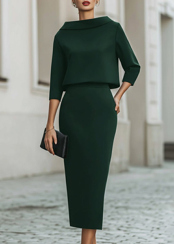 Florence | Two Piece Midi Skirt Set Boat Neck 3/4 Sleeves Crepe