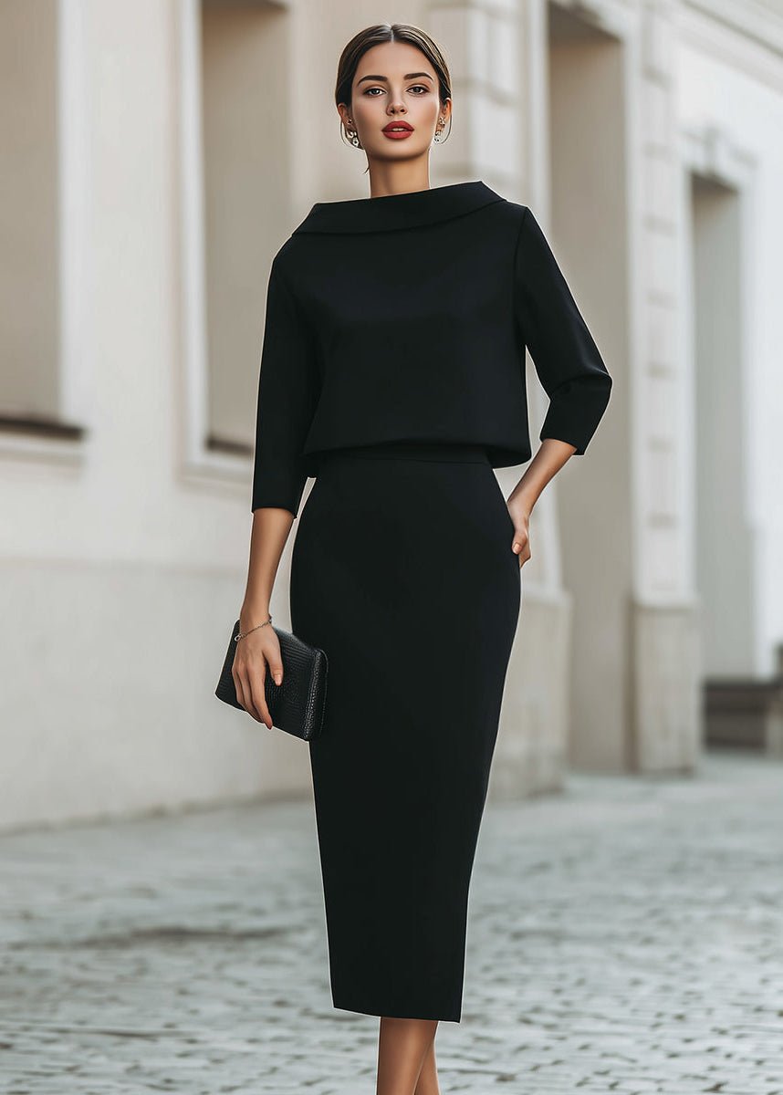 Florence | Two Piece Midi Skirt Set Boat Neck 3/4 Sleeves Crepe