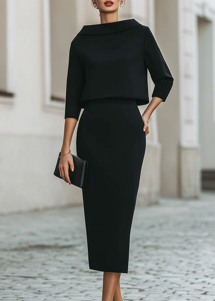 Florence | Two Piece Midi Skirt Set Boat Neck 3/4 Sleeves Crepe