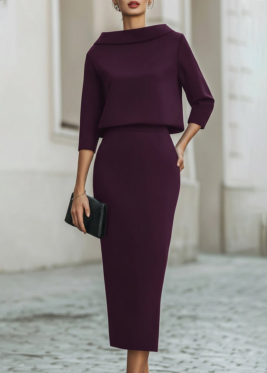 Florence | Two Piece Midi Skirt Set Boat Neck 3/4 Sleeves Crepe