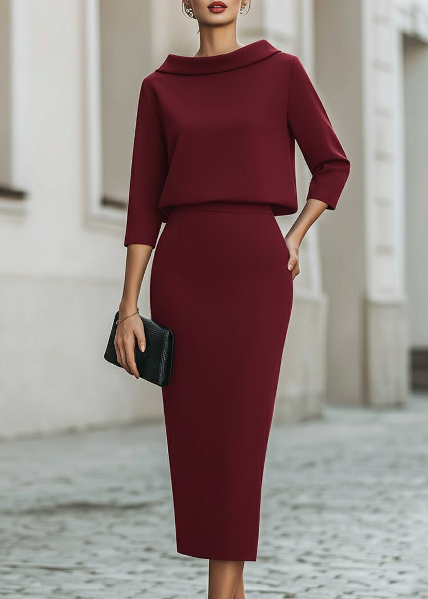 Florence | Two Piece Midi Skirt Set Boat Neck 3/4 Sleeves Crepe