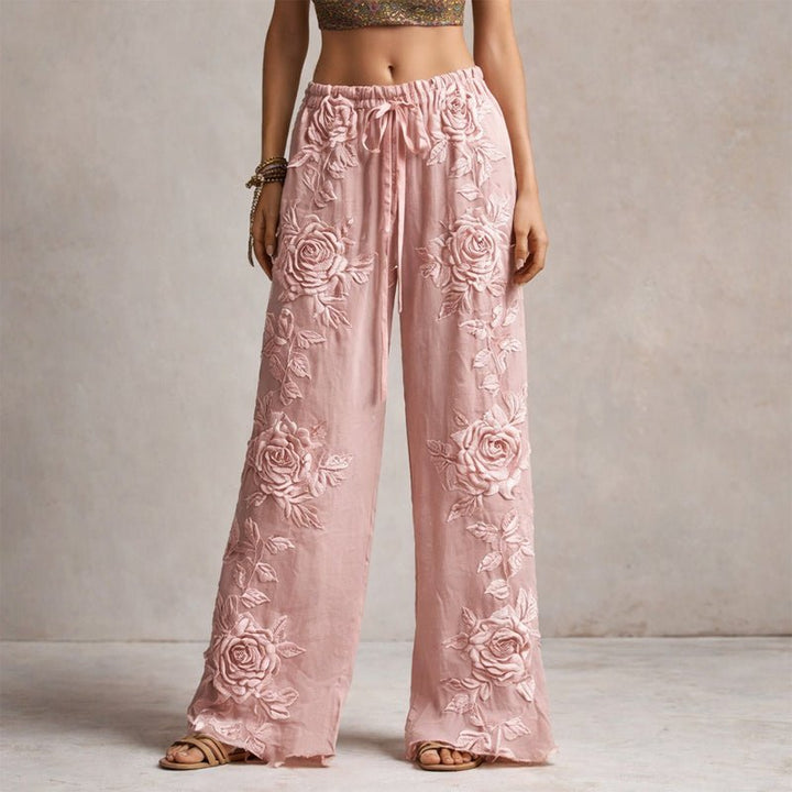 Rosie | Wide-Leg Trousers Floral Embroidered Elastic Waist