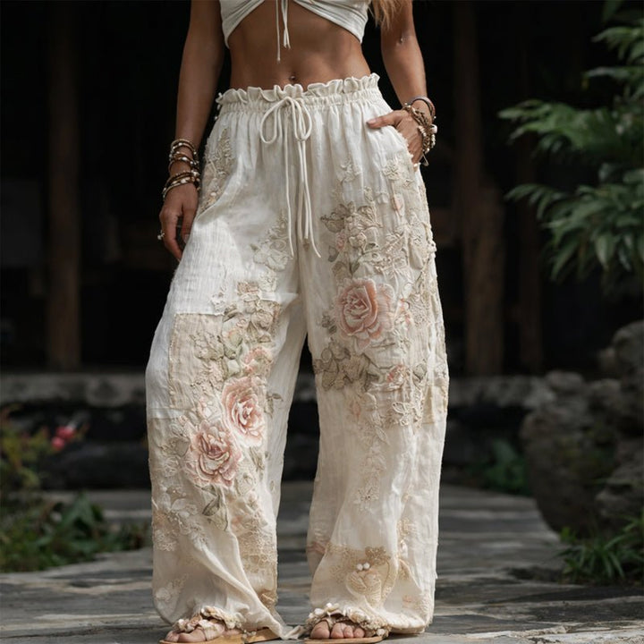 Rosie | Wide-Leg Trousers Floral Embroidered Elastic Waist