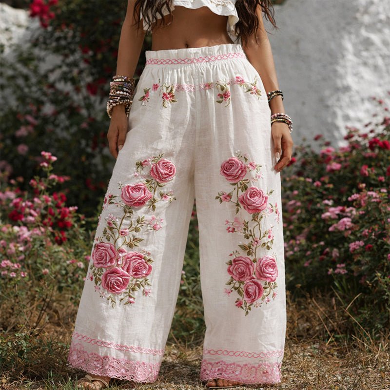 Rosie | Wide-Leg Trousers Floral Embroidered Elastic Waist