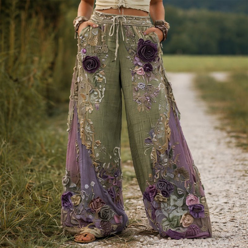 Rosie | Wide-Leg Trousers Floral Embroidered Elastic Waist