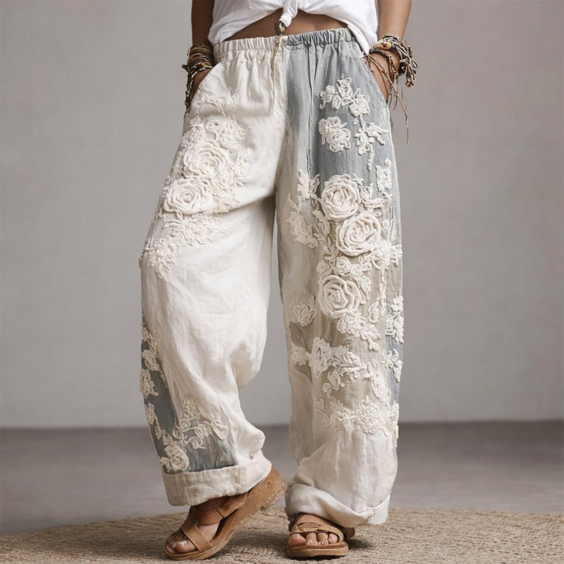 Rosie | Wide-Leg Trousers Floral Embroidered Elastic Waist