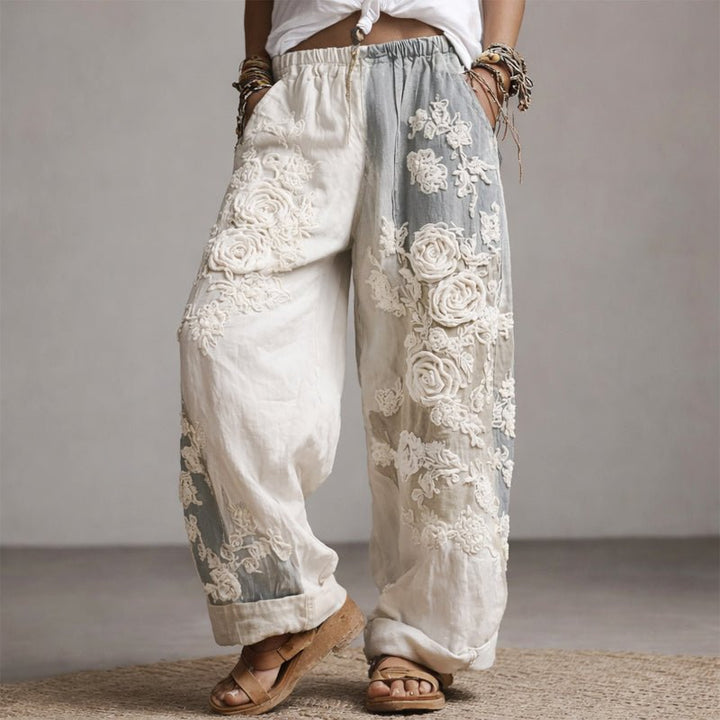 Rosie | Wide-Leg Trousers Floral Embroidered Elastic Waist
