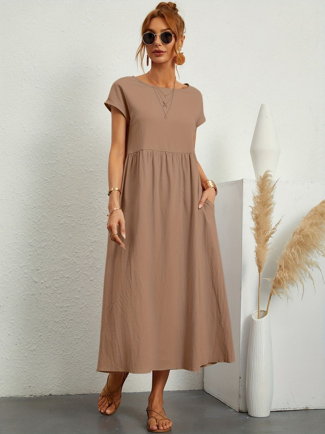 Alice | Women's Short Sleeve Loose Midi Pocket Dress