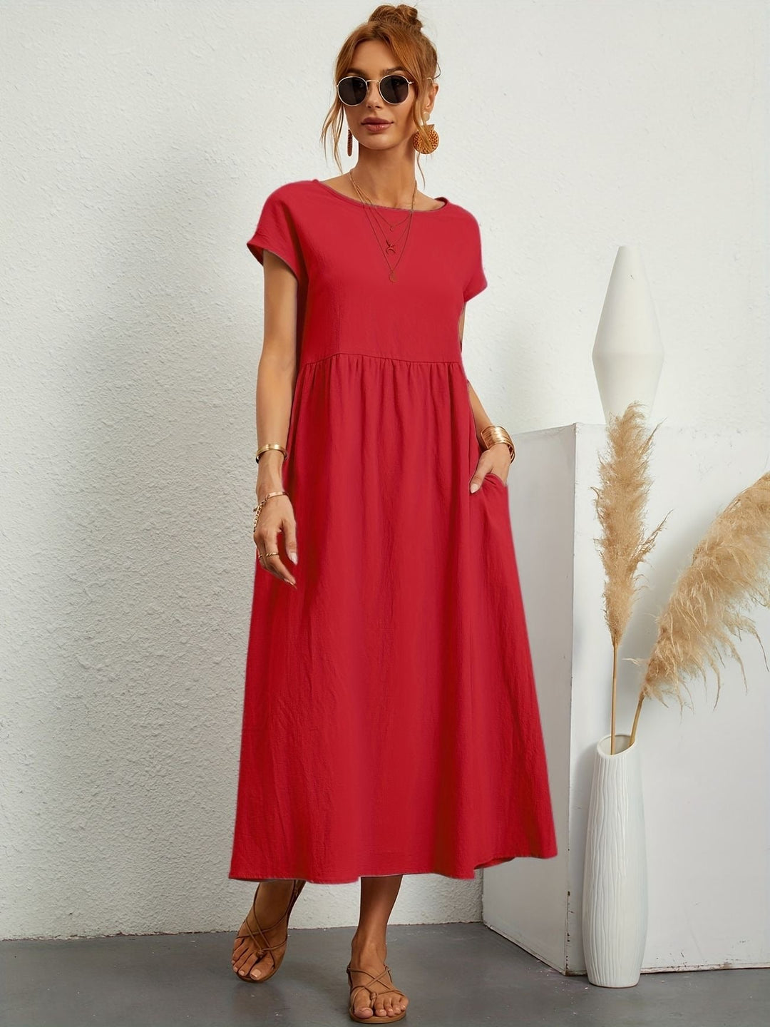 Alice | Women's Short Sleeve Loose Midi Pocket Dress
