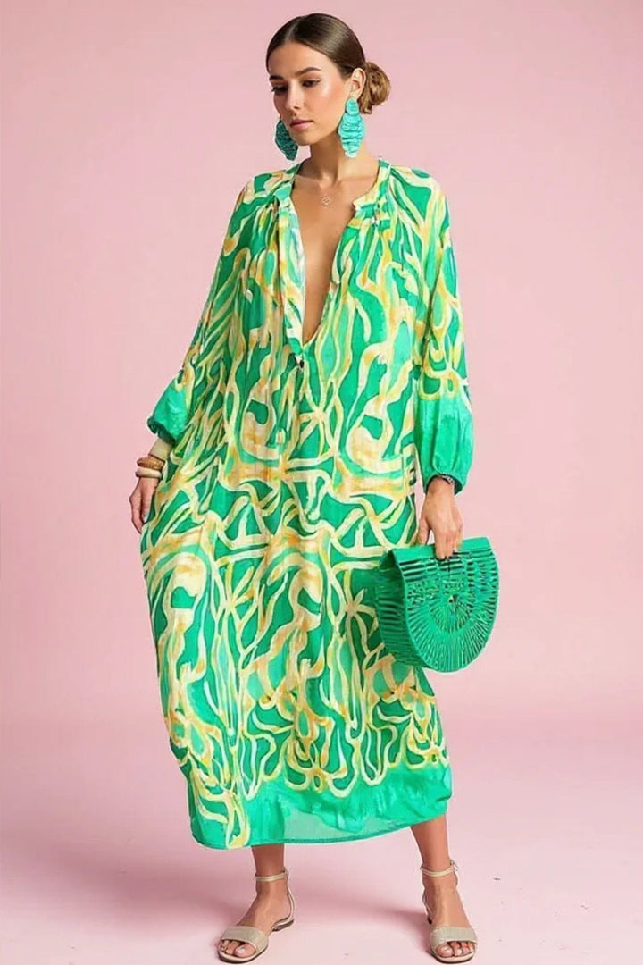 Ivy | Women's Abstract Print V-Neck Relaxed-Fit Kaftan Maxi Dress