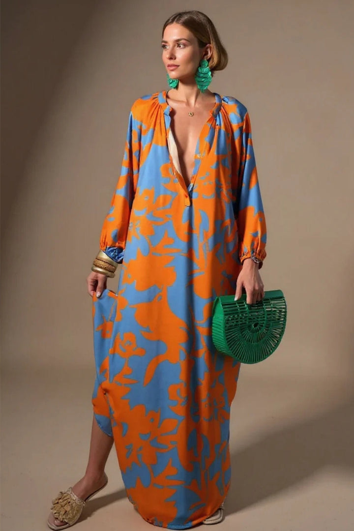 Ivy | Women's Abstract Print V-Neck Relaxed-Fit Kaftan Maxi Dress