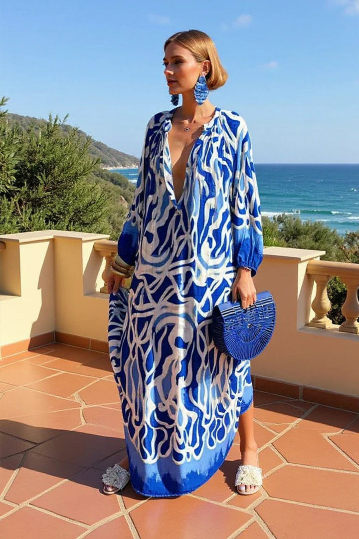 Ivy | Women's Abstract Print V-Neck Relaxed-Fit Kaftan Maxi Dress