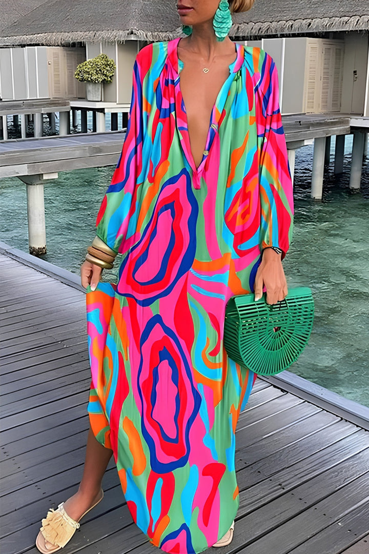 Ivy | Women's Abstract Print V-Neck Relaxed-Fit Kaftan Maxi Dress