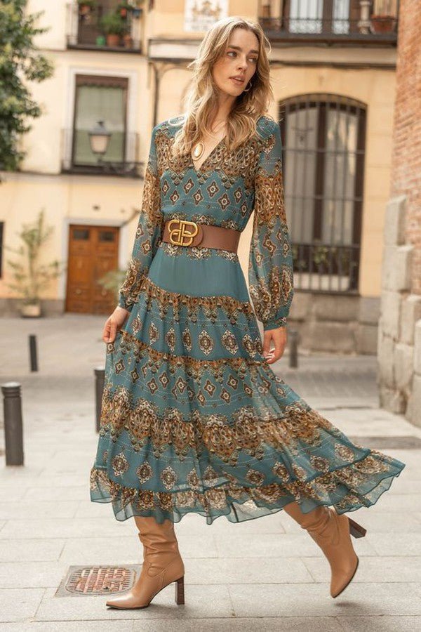 Scarlett | Women's Bohemian Medallion Print Long Sleeve Midi Dress
