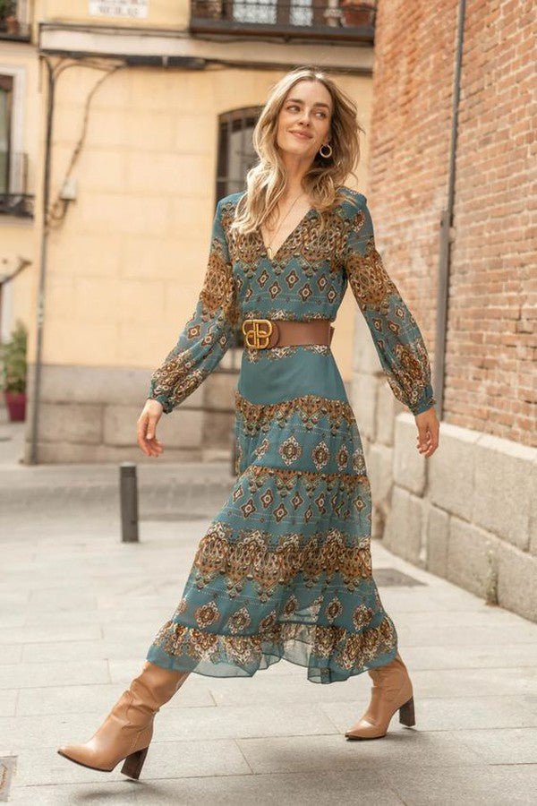 Scarlett | Women's Bohemian Medallion Print Long Sleeve Midi Dress