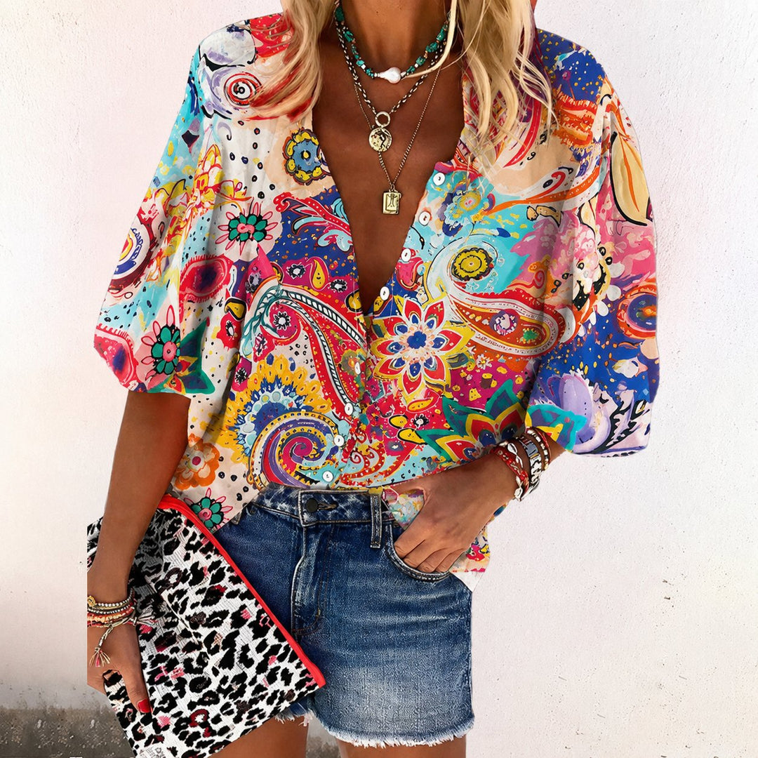 Ava | Women's Boho Floral V-Neck Long Sleeve Button-Down Blouse