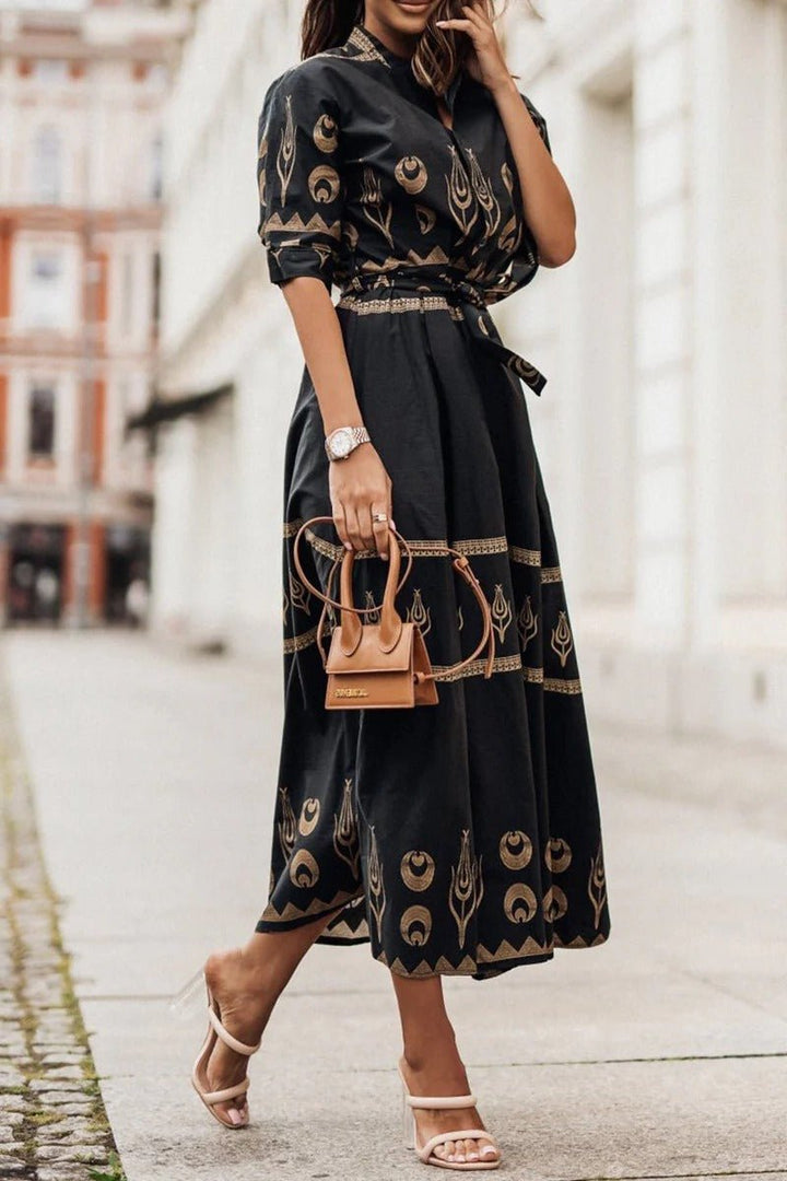 Amelia | Women's Boho Print Self-Tie Midi Dress