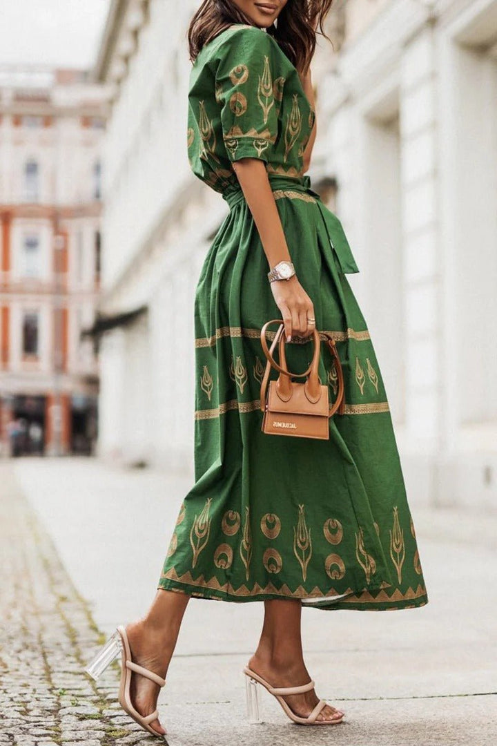 Amelia | Women's Boho Print Self-Tie Midi Dress