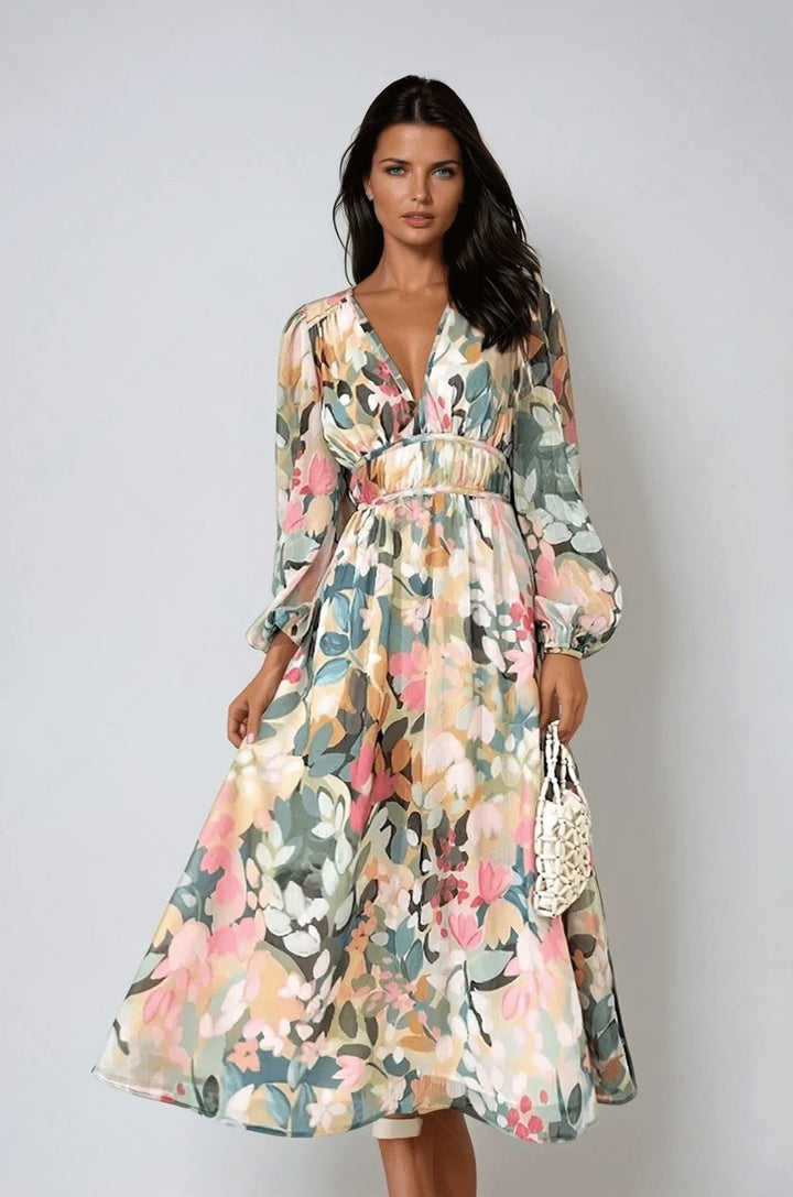Sienna | Women's Chiffon Floral Puff Sleeve V-Neck Midi Dress