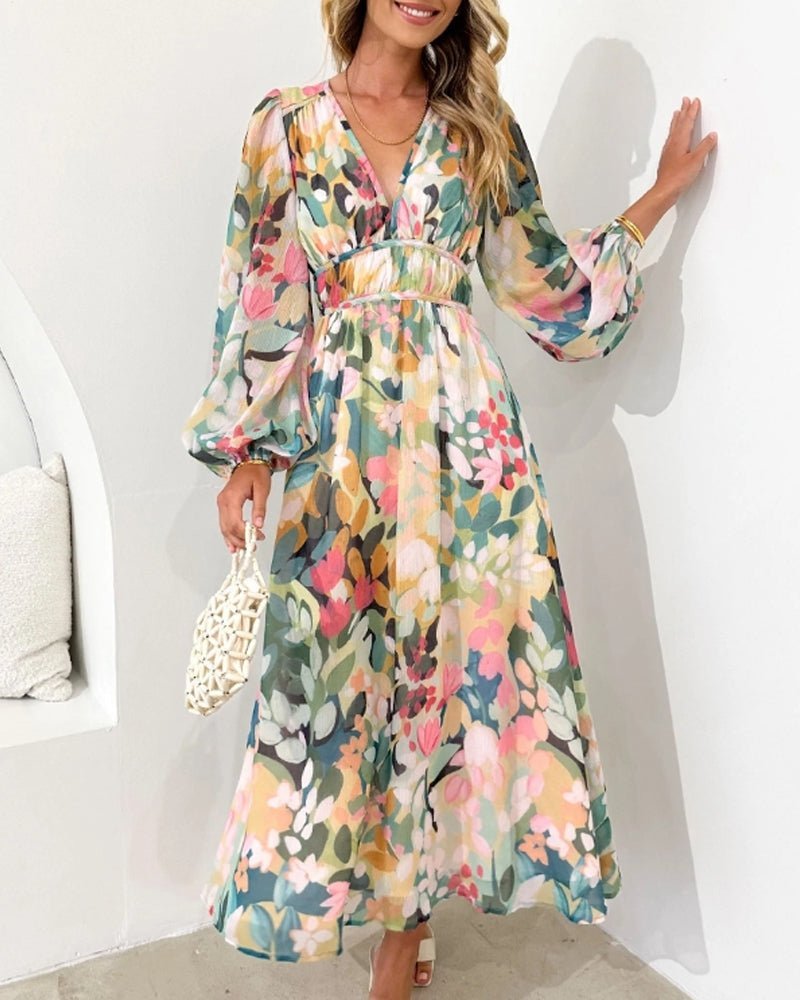 Sienna | Women's Chiffon Floral Puff Sleeve V-Neck Midi Dress