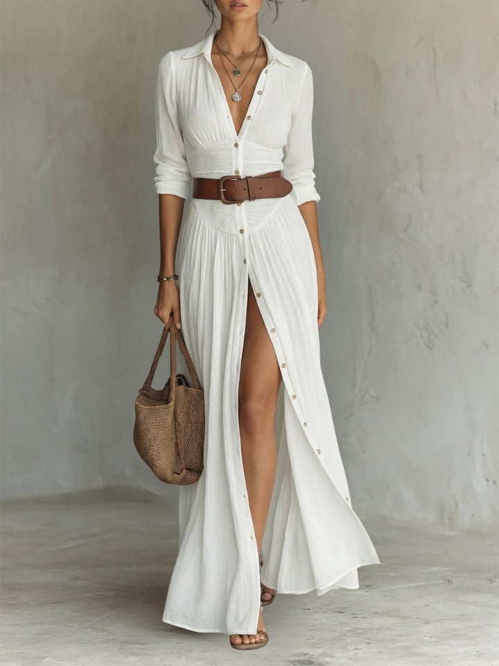 Freya | Women's Collared Button-Front Belted Maxi Shirt Dress